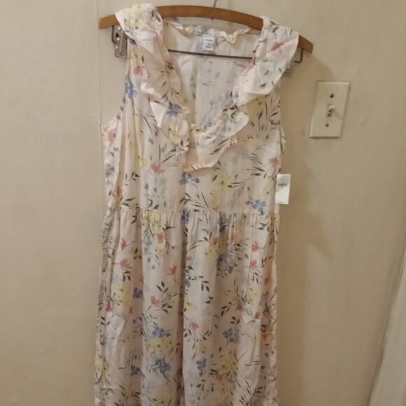 NWT Old Navy Sz XS soft pink floral ruffles around Neckline Midi/Maxi Dress - Picture 2 of 6
